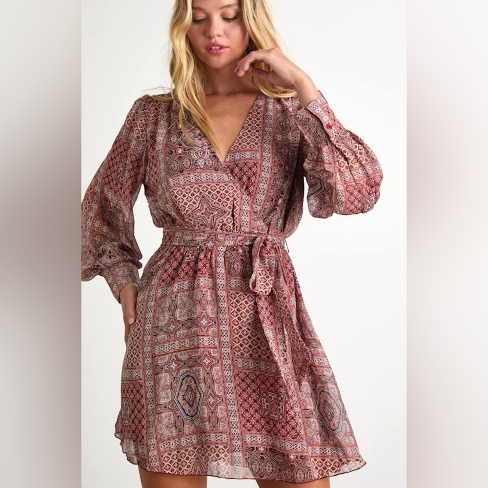 Lulus Breezy Wanderings Rust Red Boho Print Surplice Long Sleeve Mini Dress